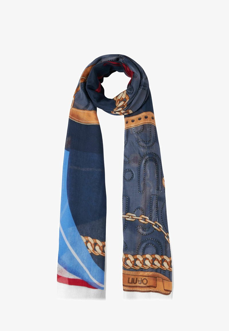 Sciarpa blu con motivo caratterizzato da catene e accenti dorati, realizzata in tessuto leggero. Include il marchio nella parte inferiore.