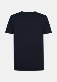 Maglietta in cotone blu navy con maniche corte, scollatura rotonda e senza loghi o motivi visibili, caratterizzata da una texture semplice e liscia.