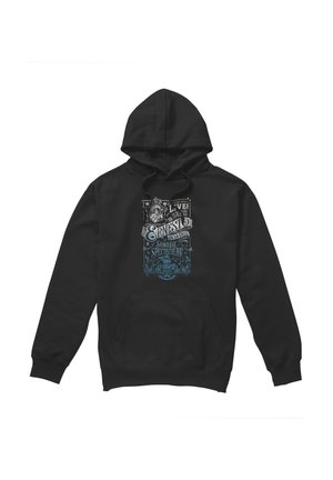Schwarzer Hoodie mit Fronttasche und grafischem Text sowie Illustration in Weiß und Blau mit der Aufschrift "Ernest de la Cruz Sunrise Spectacular."