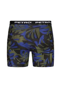 Miestne trunks v čiernej, zelenej a modrej kamuflážnej vzorce; elastický pás s logom "PETROI"; elastická tkanina s hladkou štruktúrou.