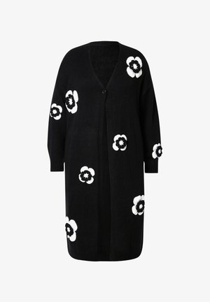 Cardigan nero a maglia con applicazioni floreali bianche, chiusura con bottoni, scollo a V e maniche lunghe con polsini a coste.