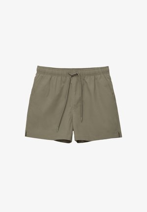 Khaki zwembroek met een elastische tailleband en een verstelbaar koord. Voorzien van zijzakken en een rechte zoom met kleine splitjes aan de zijkanten.
