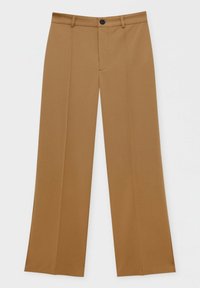 Brązowe spodnie o szerokich nogawkach, o gładkiej fakturze, z zapięciem na guzik w talii oraz przednimi zakładkami dla dopasowanego wyglądu.