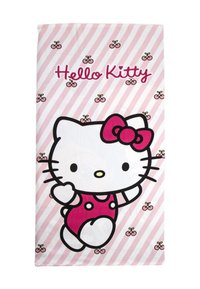Toalla de playa de Hello Kitty con un fondo de rayas rosas, personaje con overoles de lunares y bicicletas dispersas a lo largo del diseño.