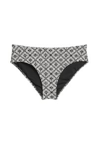 Bañador inferior en blanco y negro con un patrón floral geométrico, hecho de tela elástica con una textura suave y un diseño de pierna alta.