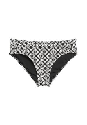 Costumi da bagno neri e bianchi con un motivo floreale geometrico, realizzati in tessuto elasticizzato con una texture liscia e un design a gamba alta.