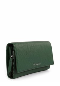 Portafoglio in pelle verde a trama con chiusura a pattina, caratterizzato da un accento logo argentato e un compartimento con zip per una custodia sicura.