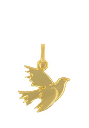 Goldener Anhänger in Form eines fliegenden Vogels mit ausgebreiteten Flügeln und detaillierten Federkanten, befestigt an einer glatten Öse für eine Kette.