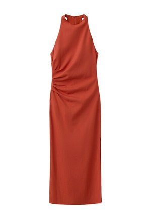 Vestido midi sin mangas de color naranja óxido con escote alto y detalle fruncido lateral.