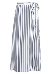White wrap skirt featuring vertical navy stripes, soft fabric, a tie at the waist, and a flowing silhouette that extends past the knees.