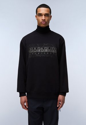 Black sweatshirt with a turtleneck, featuring a textured graphic print in gray on the front. Loose fit with ribbed cuffs and hem.
