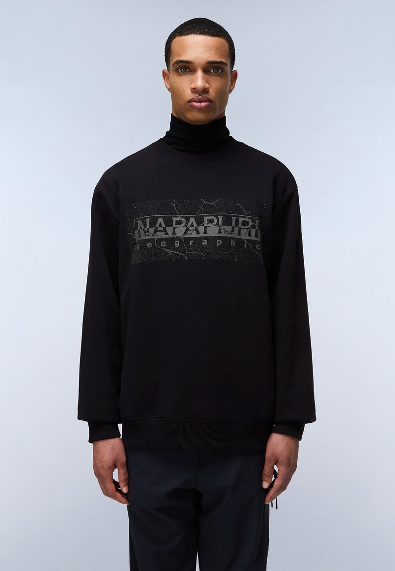 Zwart sweatshirt met een col, voorzien van een gestructureerde grafische print in grijs op de voorkant. Losse pasvorm met ribgebreide boorden en onderrand.