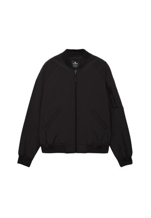 Černá bomber bunda se zapínáním na zip vpředu, dvěma bočními kapsami a kapsou na zip na levém rukávu, s žebrovaným límcem a manžetami.