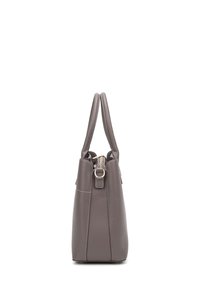 Sac à main synthétique gris avec deux poignées supérieures, une fermeture éclair et un design minimaliste. Présente des coutures blanches subtils et un accent doré.
