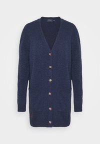 Cárdigan azul marino con escote en V, mangas largas, seis botones marrones y dos bolsillos frontales. Fabricado en un material de punto texturizado.