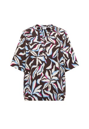 Braune Kurzarmbluse mit abstrakten weißen, blauen und pinkfarbenen blattähnlichen Mustern, V-Ausschnitt mit Knöpfen und elastischem Saum am unteren Ende.