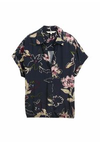 Camicia a maniche corte floreale blu navy con motivi di fiori multicolori, tessuto leggero, chiusura con bottoni e vestibilità rilassata.