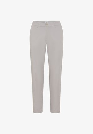 Hellgraue, slim-fit Hose mit Gürtelschlaufen, vorderem Knopf und Reißverschluss, vor einem schlichten weißen Hintergrund präsentiert.