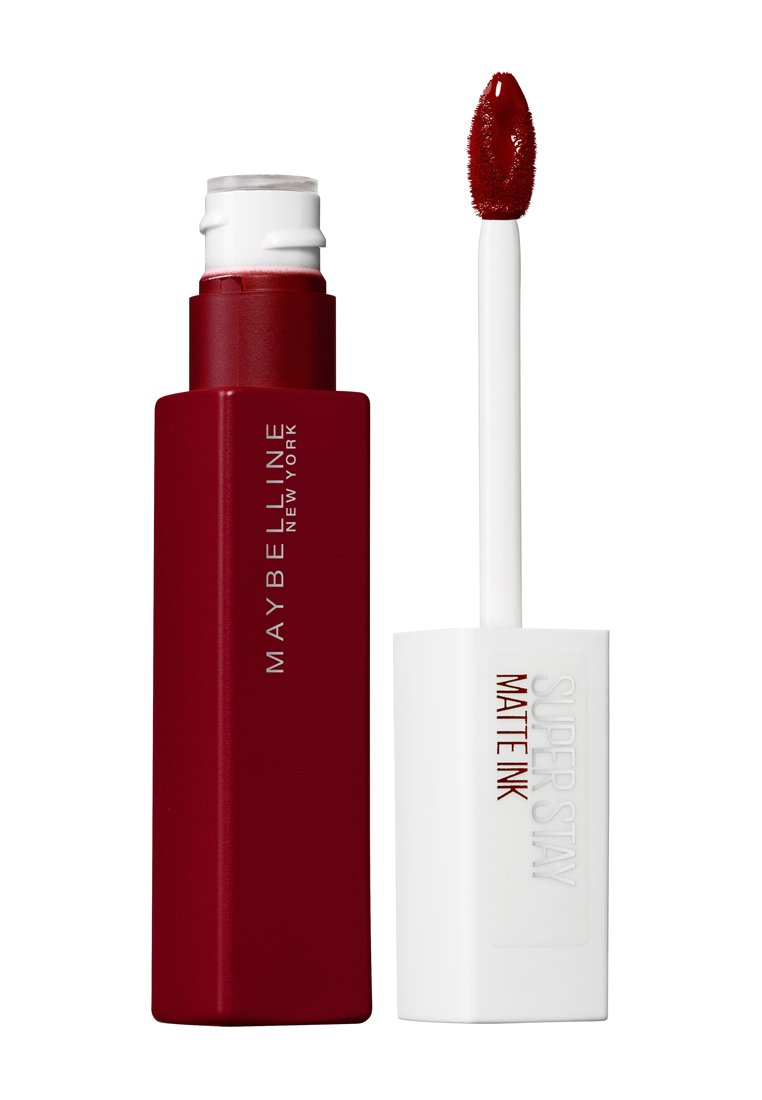 Rouge à lèvres Maybelline Super Stay Matte Ink dans un tube rouge. L'applicateur est blanc avec une pointe douce et pointue pour une application précise.