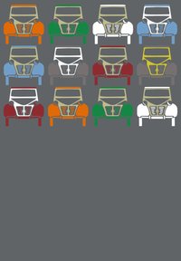 Barevná grafika zepředu orientovaných vintage automobilů v několika barvách (oranžová, zelená, bílá, modrá, šedá, červená, žlutá) na šedém pozadí.