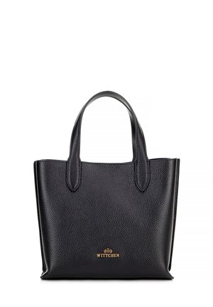 Borsa in pelle nera con superficie testurizzata, due manici resistenti e logo dorato alla base. Design rettangolare semplice.