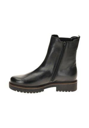 Zwarte leren enkelboot met een gladde afwerking, ritssluiting aan de zijkant, dikke rubberen zool en subtiele stikdetails langs de randen.