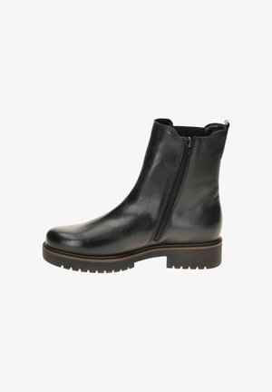 Schwarze Lederstiefelette mit glatter Oberfläche, seitlichem Reißverschluss, robuster Gummisohle und dezenten Nahtdetails entlang der Kanten.
