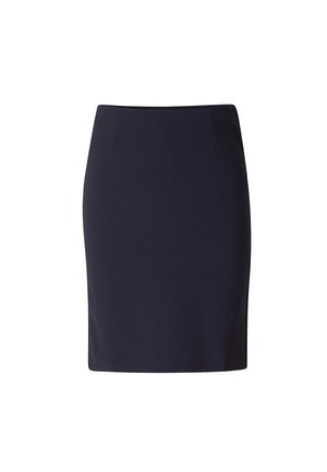 Marineblauwe kokerrok van gladde stof, met een getailleerd silhouet, een middelhoge taille en subtiele voorzakken.