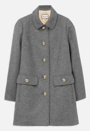 Grey wool coat with collar, six gold buttons down front, and two flap pockets with button details, labeled Paul & Joe Paris.