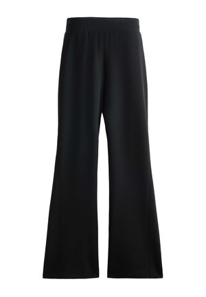 Schwarze, weit geschnittene Hosen aus einem glatten, dehnbaren Stoff mit einem elastischen Bund. Klare Linien und keine sichtbaren Muster oder Akzente.