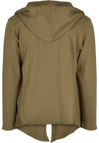 Chaqueta con capucha de color verde oliva, textura suave, mangas largas, dobladillo redondeado con aberturas laterales. Diseño sencillo sin patrones visibles ni herrajes.