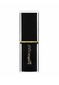 Cilindro di rossetto rettangolare nero con accenti dorati e lati in plastica trasparente, con il nome del marchio "bellabloggi" sulla parte anteriore.