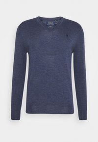 Pull bleu marine à col en V, confectionné en matière tricotée douce, avec des manches longues et un petit logo brodé sur la poitrine.