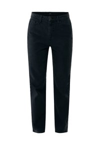 Pantalones de mezclilla negros con un diseño de pierna recta. Cuentan con un cierre de botón, bolsillos frontales y detalles de botones laterales para un estilo adicional.