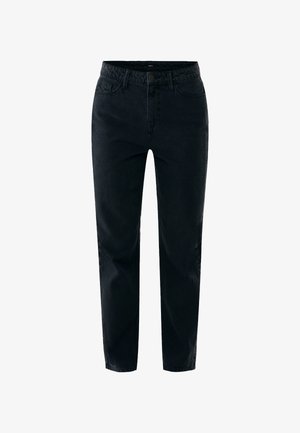Zwarte denim broek met een recht model. Voorzien van een knoopsluiting, voorkeurszakken en zijknopen voor extra stijl.