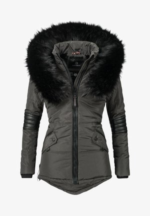 Gepolsterte graue Parkajacke mit einer Kapuze aus schwarzem Kunstfell, Lederakzenten an den Ärmeln, einem Reißverschluss vorne und zwei vorderen Taschen.