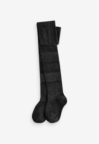 Knielange schwarze Socken mit einem gerippten Textur und horizontalen Streifen. Hergestellt aus einem weichen Stoff, mit einem umgeschlagenen Bund an der Oberseite.