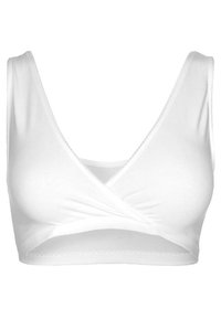 Fehér pamut bralette, mély V-nyakkal, keresztbe nyúló elülső dizájnnal, széles vállpántokkal és puha, sima textúrával.