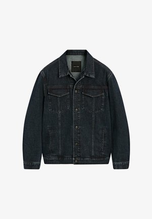 Schwarze Jeansjacke mit Knopfverschluss, zwei Brustklappentaschen, zwei Seitentaschen und einem Kragen.