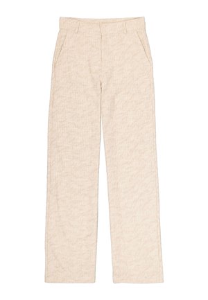 Pantalon beige à jambes larges avec une finition texturée, doté de poches avant et d'une ceinture plate. Conçu pour une coupe décontractée.