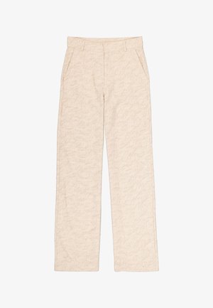 Beige wijde broek met een gestructureerde afwerking, voorzien van steekzakken aan de voorkant en een platte tailleband. Ontworpen voor een relaxte pasvorm.