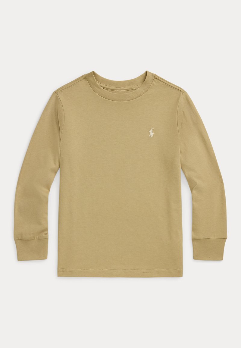 Kraťasový tričko s dlouhým rukávem ve světlém khaki bavlněném materiálu, se žebrovanými manžetami a malou nášivkou na hrudi. Hladká textura.