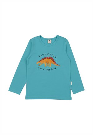 Turquoise long-sleeve children's shirt with a yellow and red stegosaurus illustration and text "ADVENTURE with a spiky friend" on front.