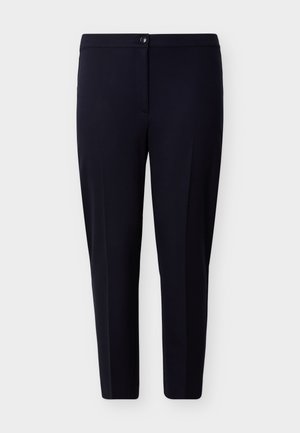 Tmavomodré na mieru šité nohavice s gombíkom a zipsovým zatváraním, rovnými nohavicami a hladkým povrchom látky.