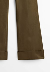 Dark olive green, tailored trousers with a smooth texture, featuring a straight leg and folded cuffs. Minimalistic design, no visible hardware.