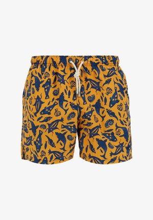 Costumi da bagno in tessuto arancione brillante, caratterizzati da un motivo marino blu scuro con pesci, conchiglie e creature marine. Vita elastica con cordoncino.