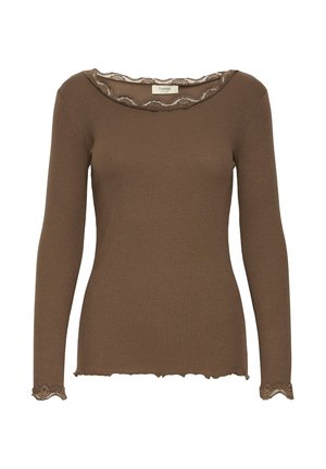 Top lungo marrone a maniche lunghe con costine, caratterizzato da un collo bateau con bordatura in pizzo e orli ondulati sulle maniche, realizzato in un tessuto morbido.
