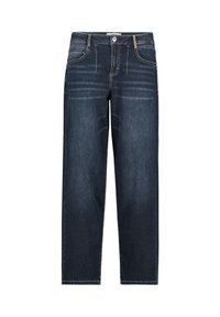 Granatowe dżinsy w prostym kroju, z kieszeniami obszytymi nicią, z zapięciem na zamek z przodu i minimalnym odbarwieniem. Bez zdobień ani wzorów.