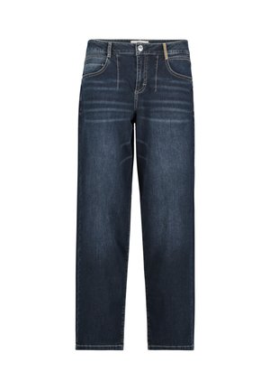 Jeans in denim blu scuro con taglio dritto, dotati di tasche cucite, zip frontale e minima sbiaditura. Nessun abbellimento o motivo.