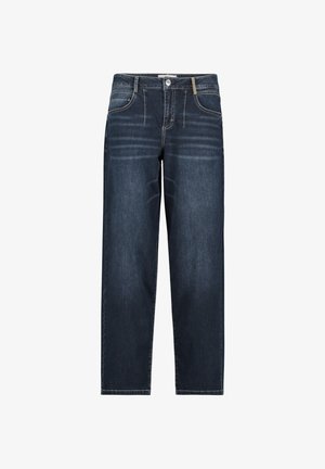 Dunkelblaue Jeans aus Denim mit geradem Beinschnitt, ausgestattet mit gestickten Taschen, einem Reißverschluss vorne und minimaler Verwaschung. Keine Verzierungen oder Muster.